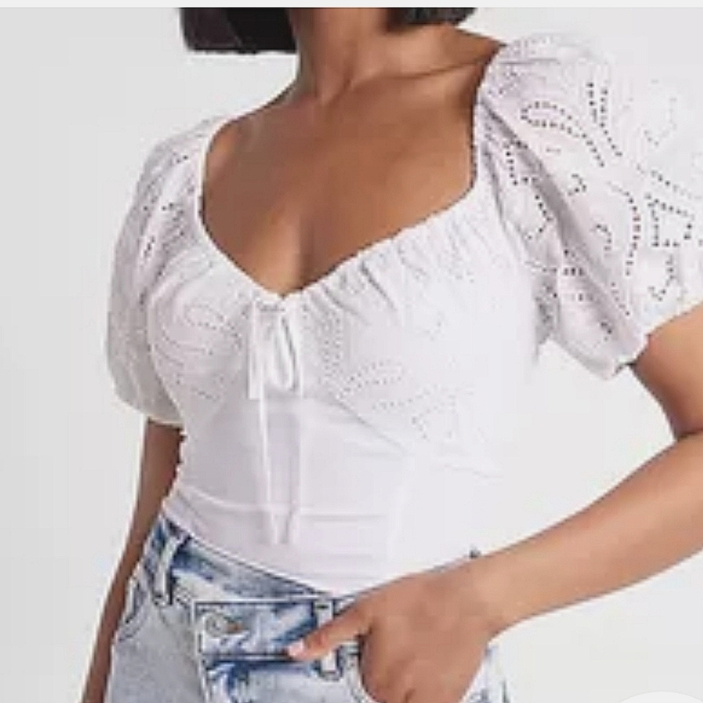 White Puff-Sleeve Eyelet Top - Women's
